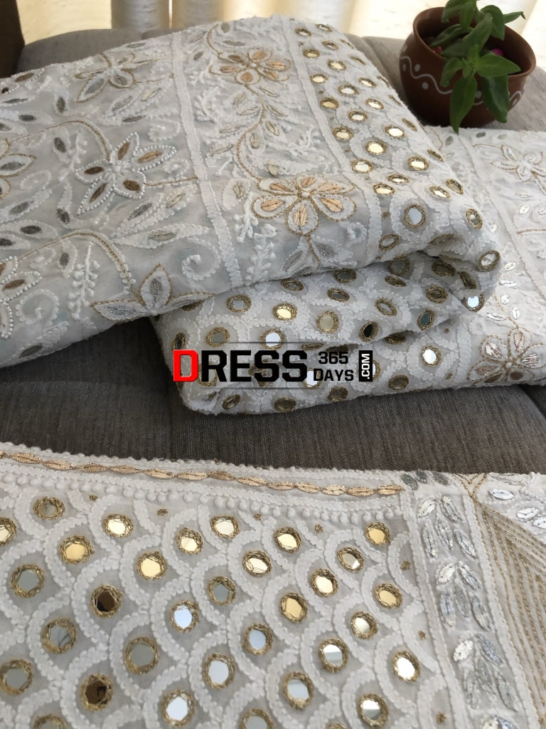 Pearl Mirror & Silver Gota Patti Lucknowi Lehenga Set Chikankari