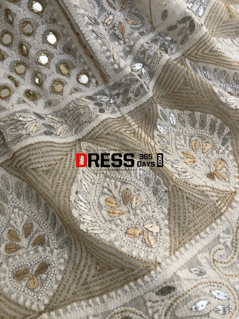 Pearl Mirror & Silver Gota Patti Lucknowi Lehenga Set Chikankari