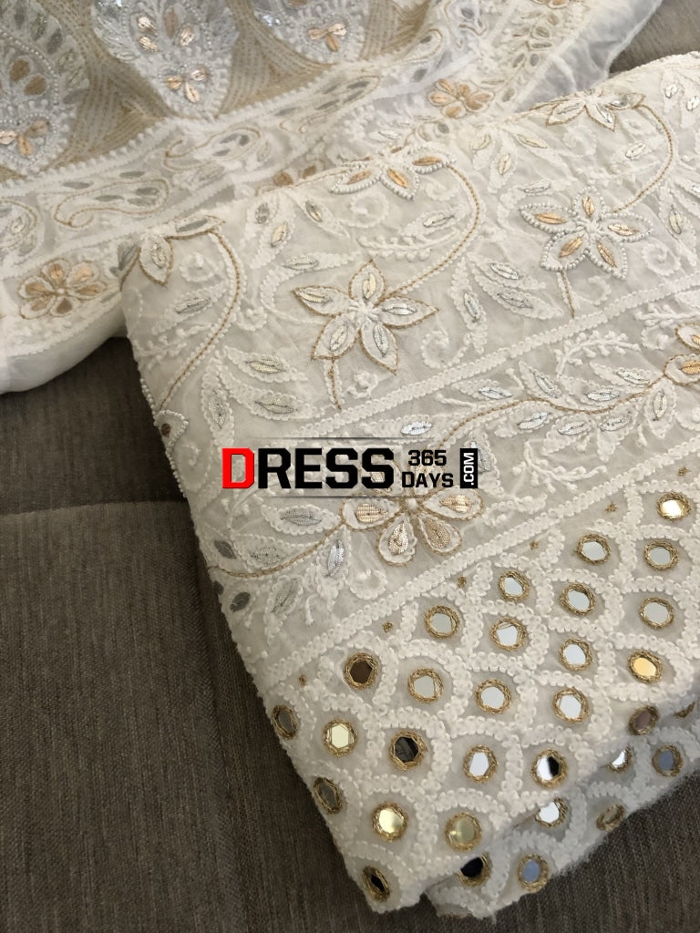 Pearl Mirror & Silver Gota Patti Lucknowi Lehenga Set Chikankari