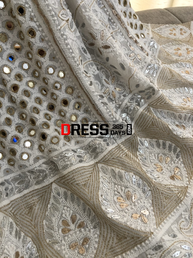 Pearl Mirror & Silver Gota Patti Lucknowi Lehenga Set Chikankari