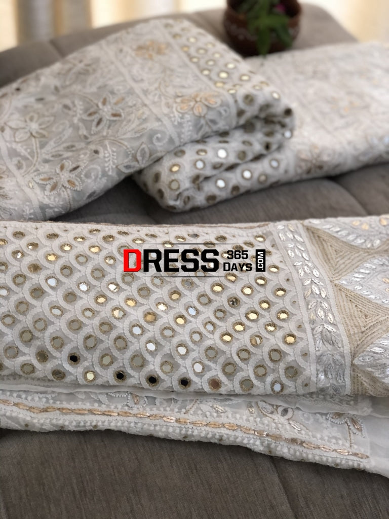 Pearl Mirror & Silver Gota Patti Lucknowi Lehenga Set Chikankari