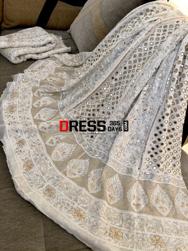 Pearl Mirror & Silver Gota Patti Lucknowi Lehenga Set Chikankari
