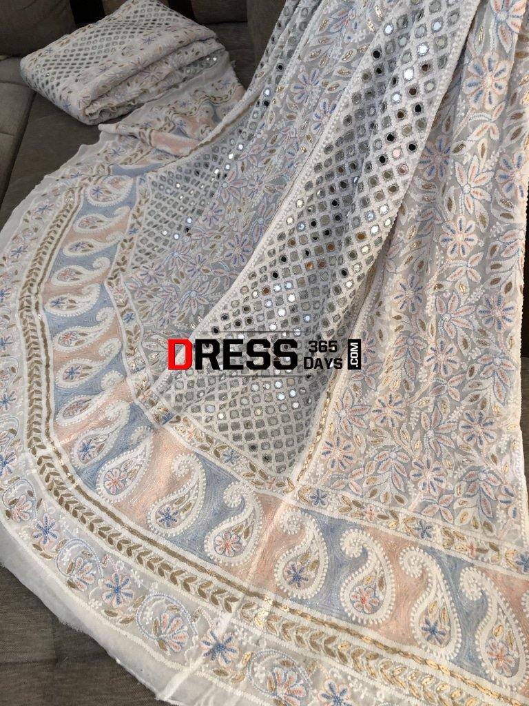 Pearls And Mirror Chikankari Lehenga Set