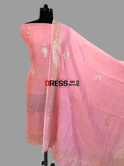Pink Aari Work Chanderi Suit (Kurta and Dupatta)