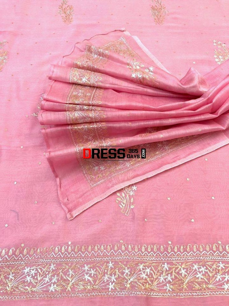 Pink Aari Work Chanderi Suit (Kurta And Dupatta) Chikankari Suits