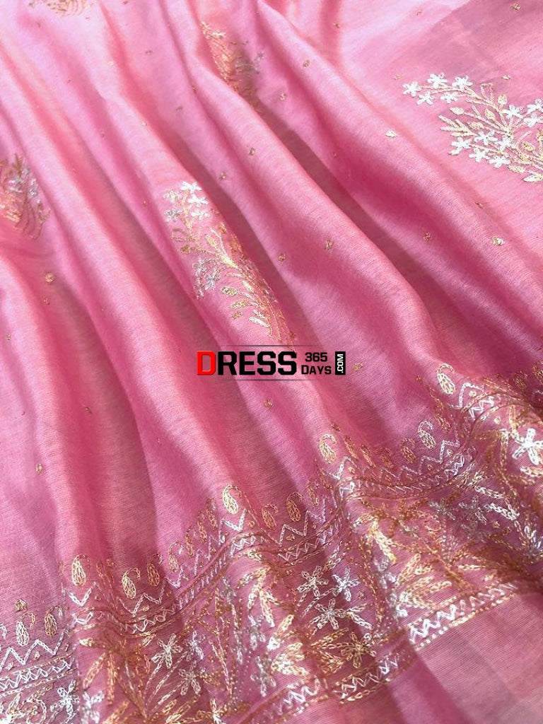 Pink Aari Work Chanderi Suit (Kurta And Dupatta) Chikankari Suits