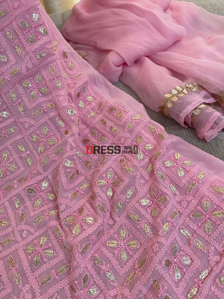 Pink Chikankari Gota Patti Neckline Kurta Dupatta Set Suits