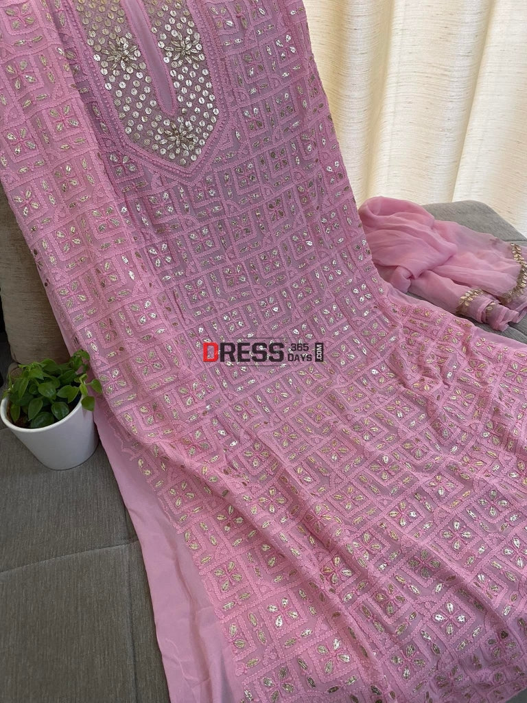 Pink Chikankari Gota Patti Neckline Kurta Dupatta Set Suits