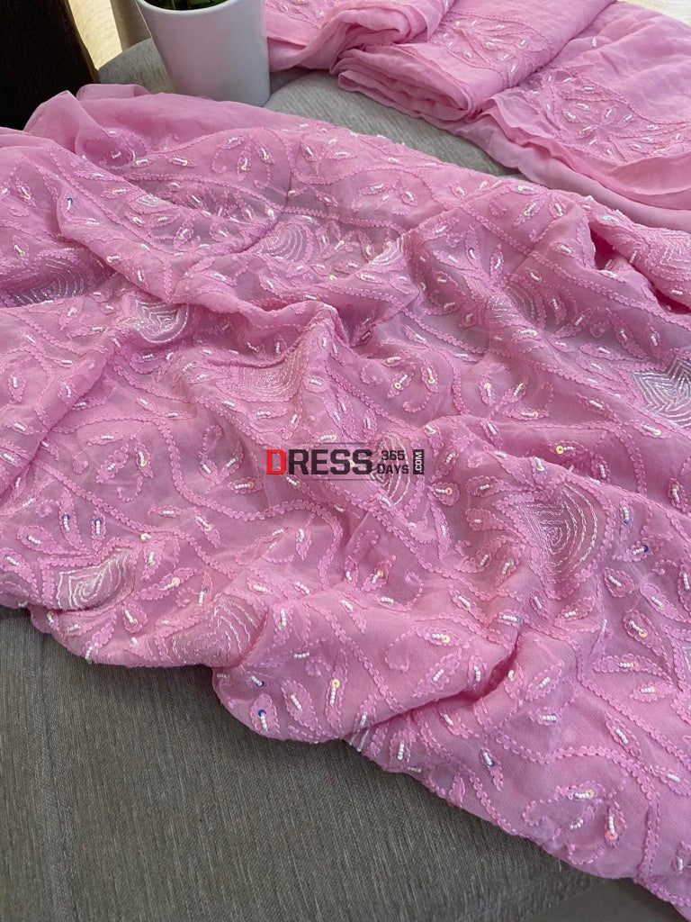 Pink Chikankari Pearl Kurta Dupatta Set Suits