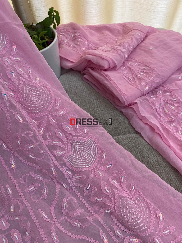 Pink Chikankari Pearl Kurta Dupatta Set Suits