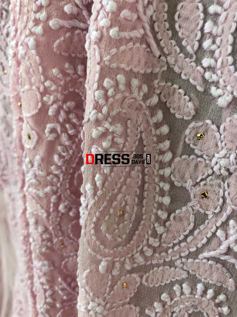 Pink Chikankari Suit With Mukaish And Parsi Embroidered Daaman Suits
