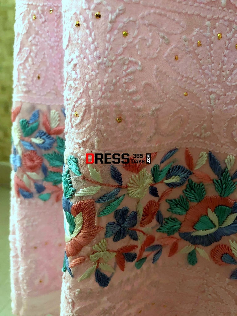 Pink Chikankari Suit With Mukaish And Parsi Embroidered Daaman Suits