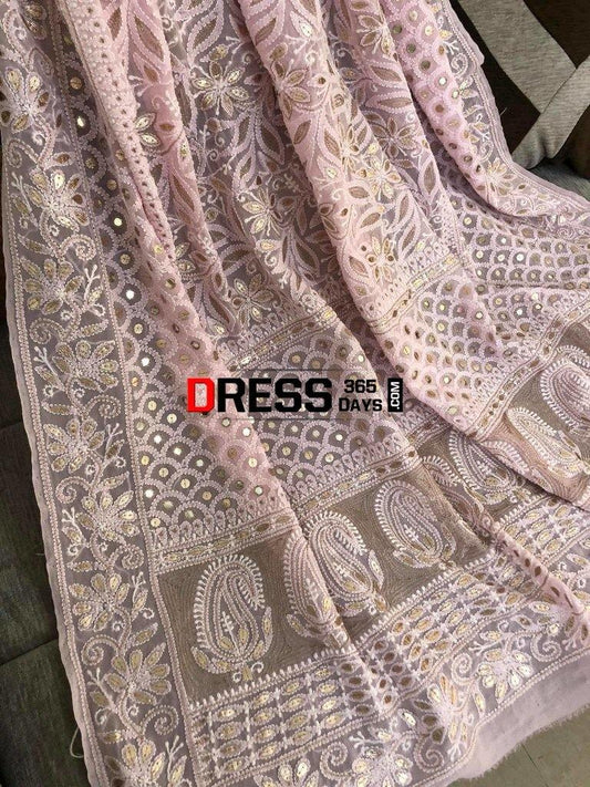 Pink Hand Embroidered Gota Patti Chikankari Dupatta