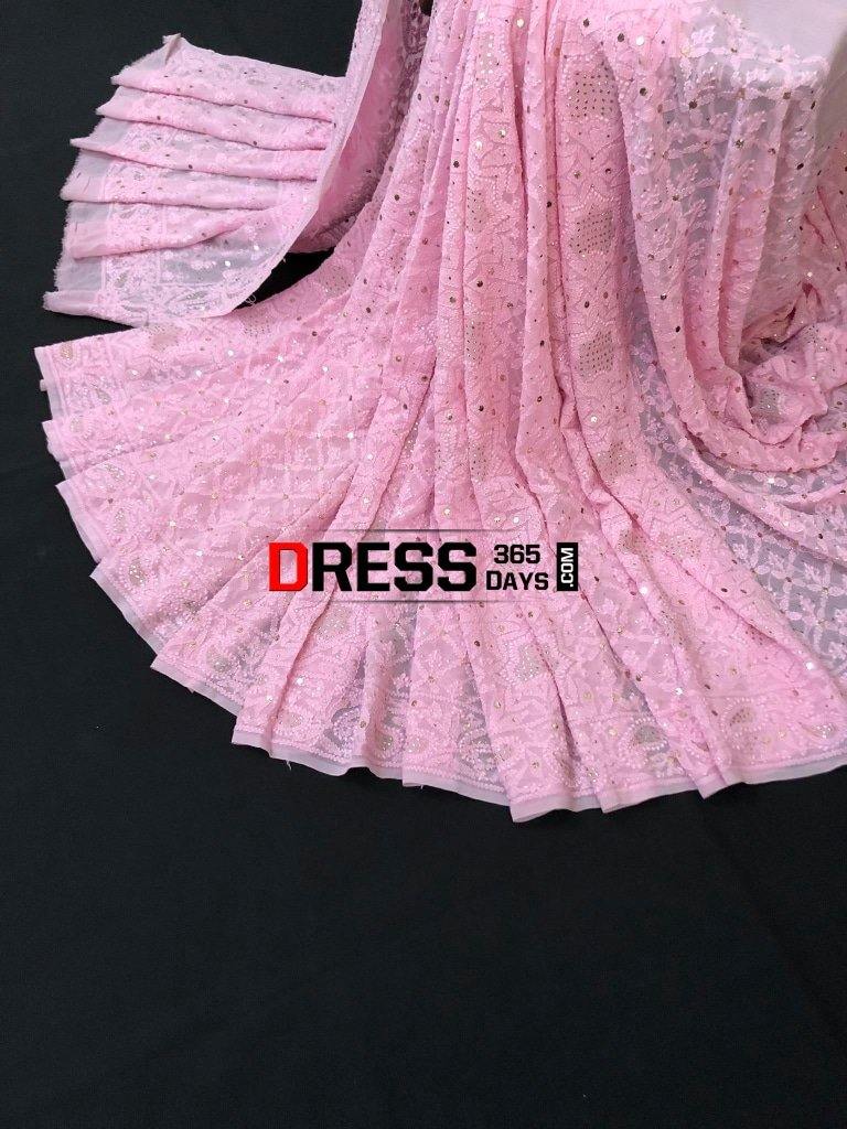 Pink Lucknowi Chikankari Mukaish Saree