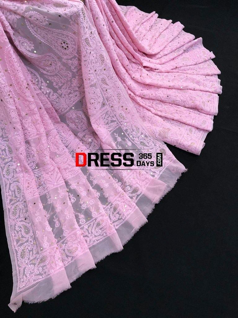 Pink Lucknowi Chikankari Mukaish Saree