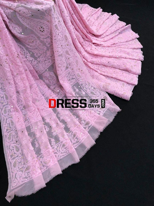 Pink Lucknowi Chikankari Mukaish Saree