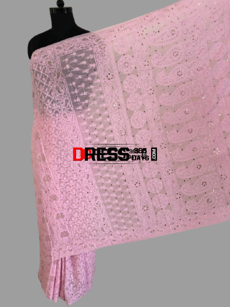 Pink Lucknowi Chikankari Mukaish Saree