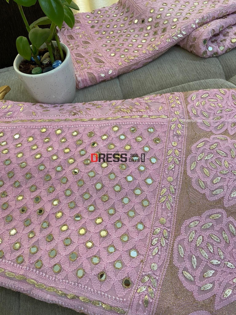 Pink Mirror Gota And Chikankari Lehenga Set Lehenga