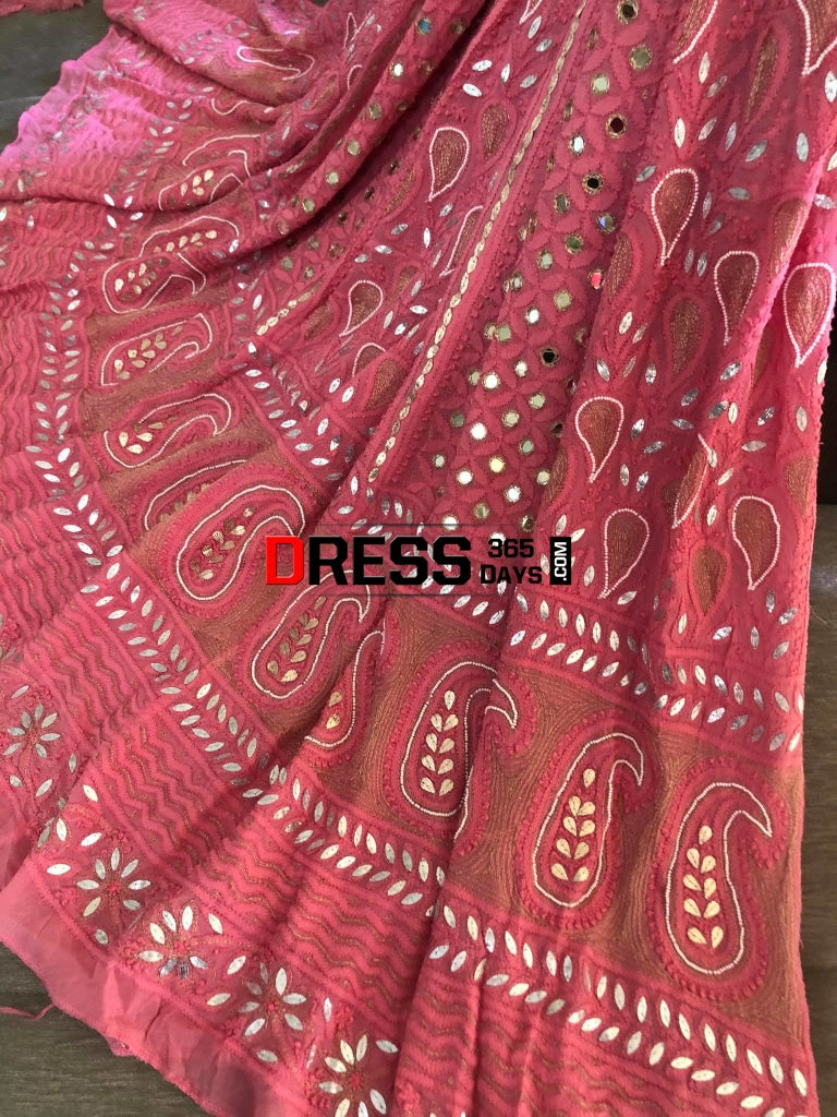 Pink Mirror & Pearl Chikankari Lehenga Set Lehenga