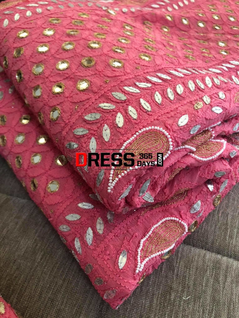 Pink Mirror & Pearl Chikankari Lehenga Set Lehenga
