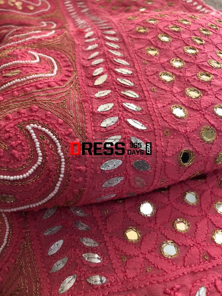 Pink Mirror & Pearl Chikankari Lehenga Set Lehenga