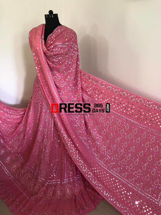 Pink Mirror & Pearl Chikankari Lehenga Set Lehenga