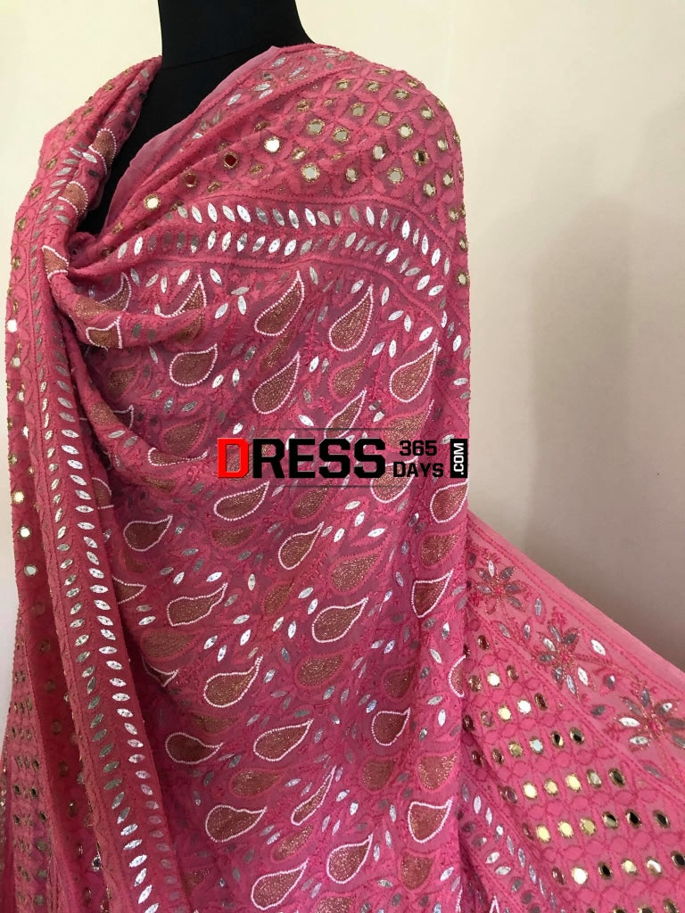 Pink Mirror & Pearl Chikankari Lehenga Set Lehenga