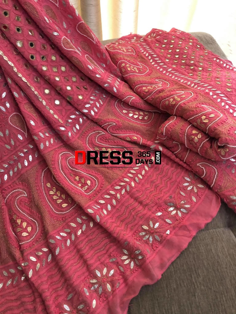 Pink Mirror & Pearl Chikankari Lehenga Set Lehenga