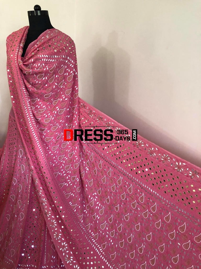 Pink Mirror & Pearl Chikankari Lehenga Set Lehenga