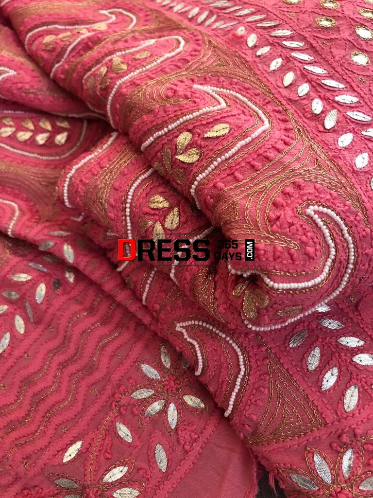 Pink Mirror & Pearl Chikankari Lehenga Set Lehenga