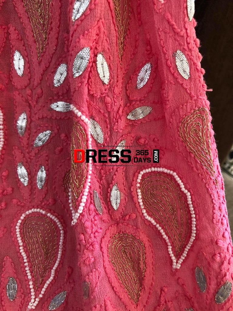 Pink Mirror & Pearl Chikankari Lehenga Set Lehenga