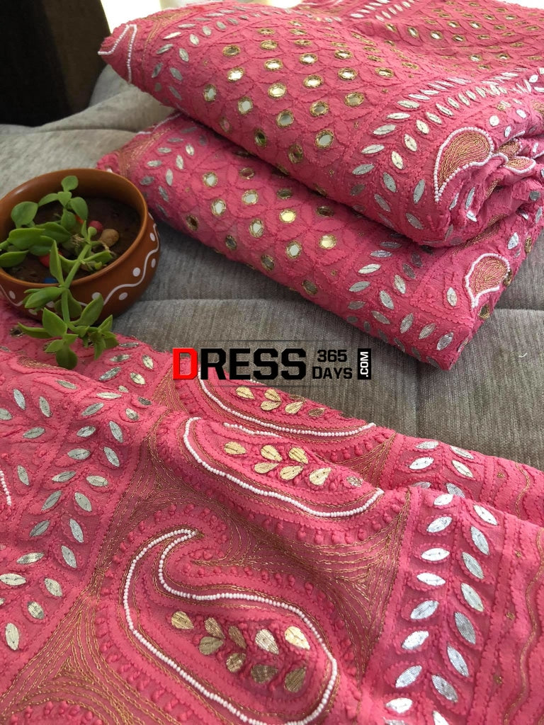 Pink Mirror & Pearl Chikankari Lehenga Set Lehenga