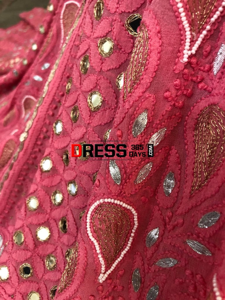 Pink Mirror & Pearl Chikankari Lehenga Set Lehenga