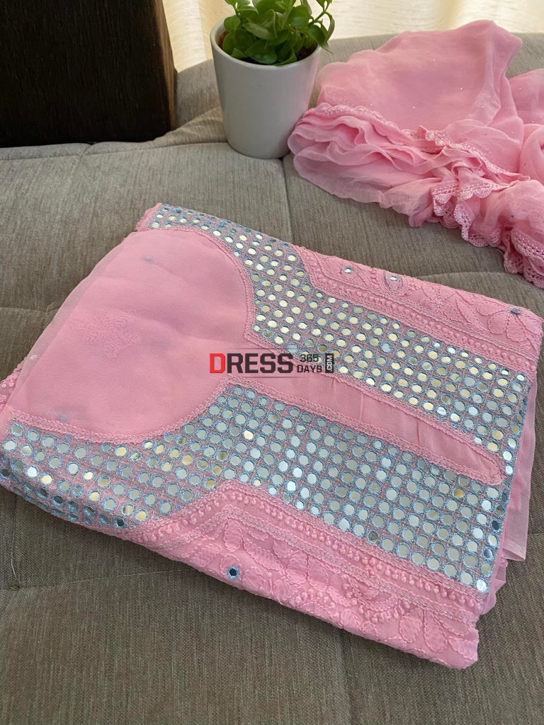 Pink Neckline Chikankari Kurta Dupatta Suits