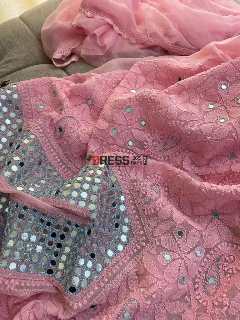 Pink Neckline Chikankari Kurta Dupatta Suits