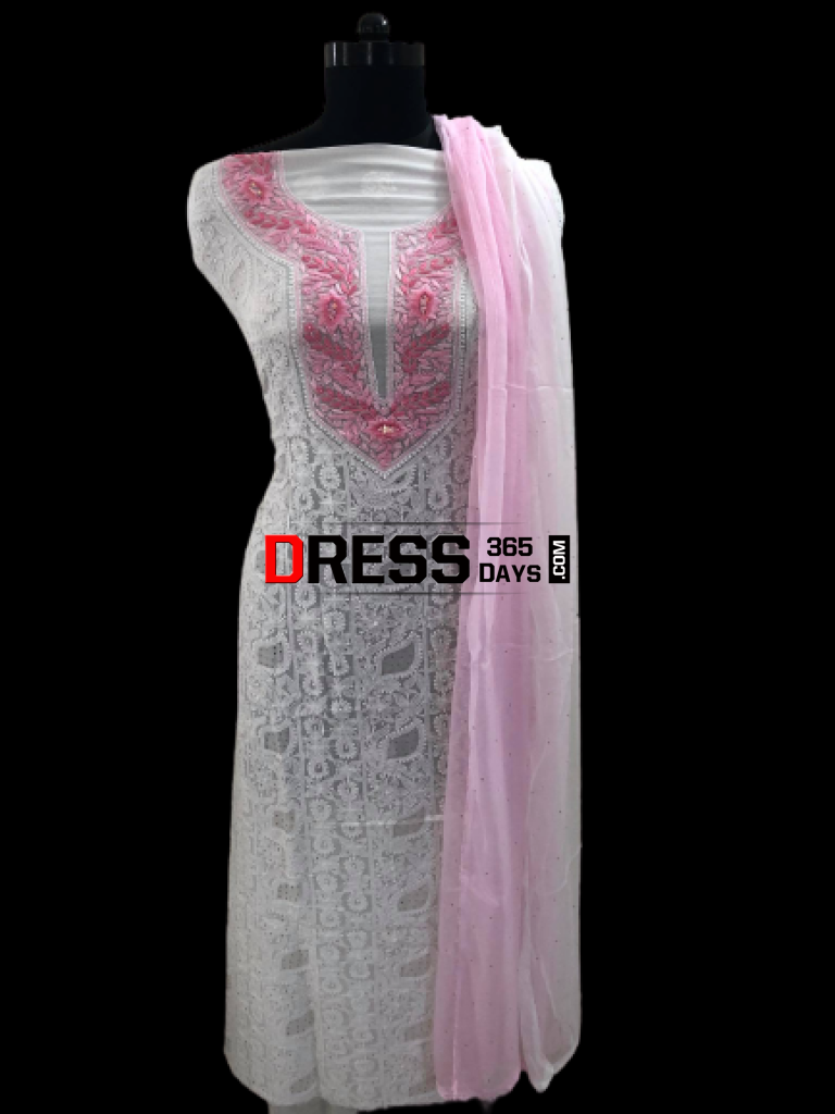 Pink Neckline Georgette Chikankari Suit Suits