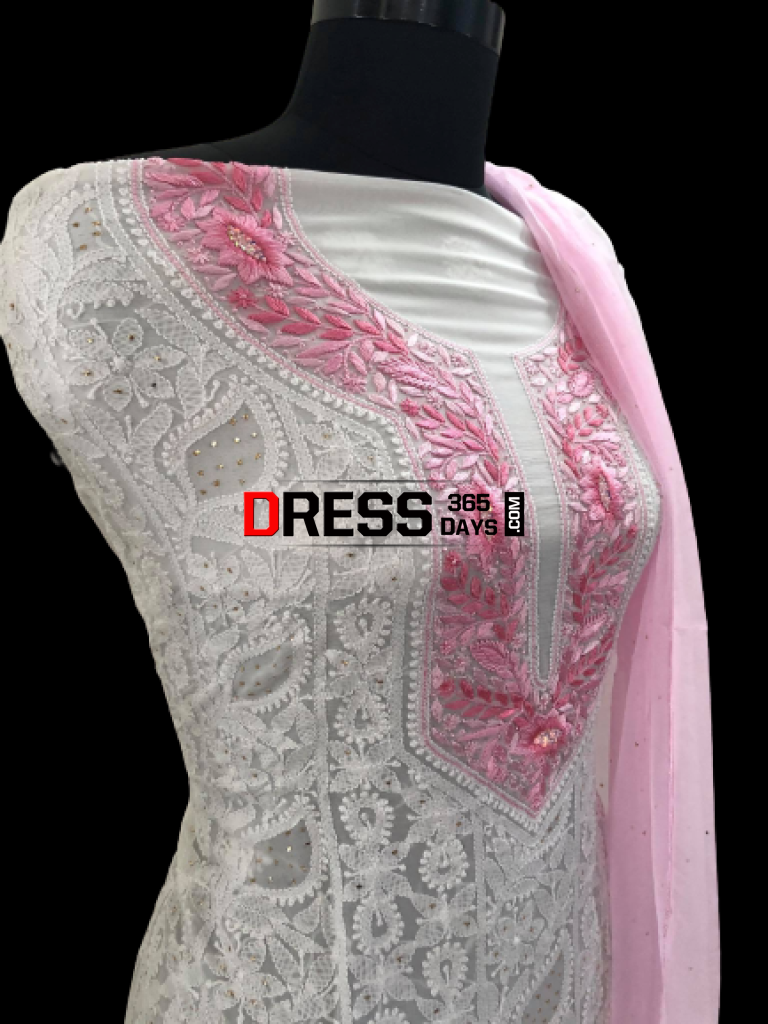 Pink Neckline Georgette Chikankari Suit Suits