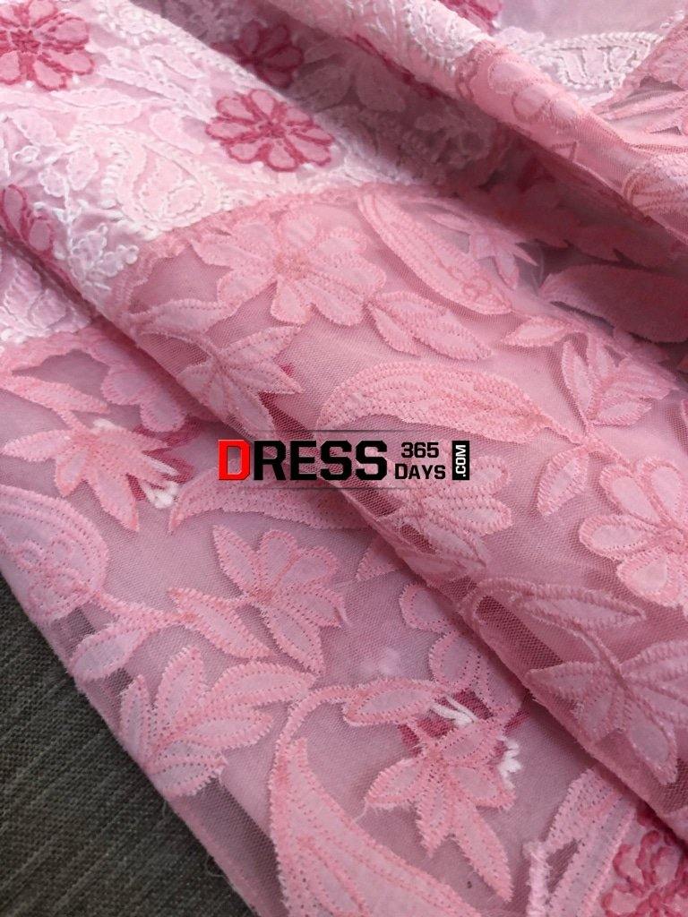 Pink Net Daaman Cotton Chikankari Kurti Fabric