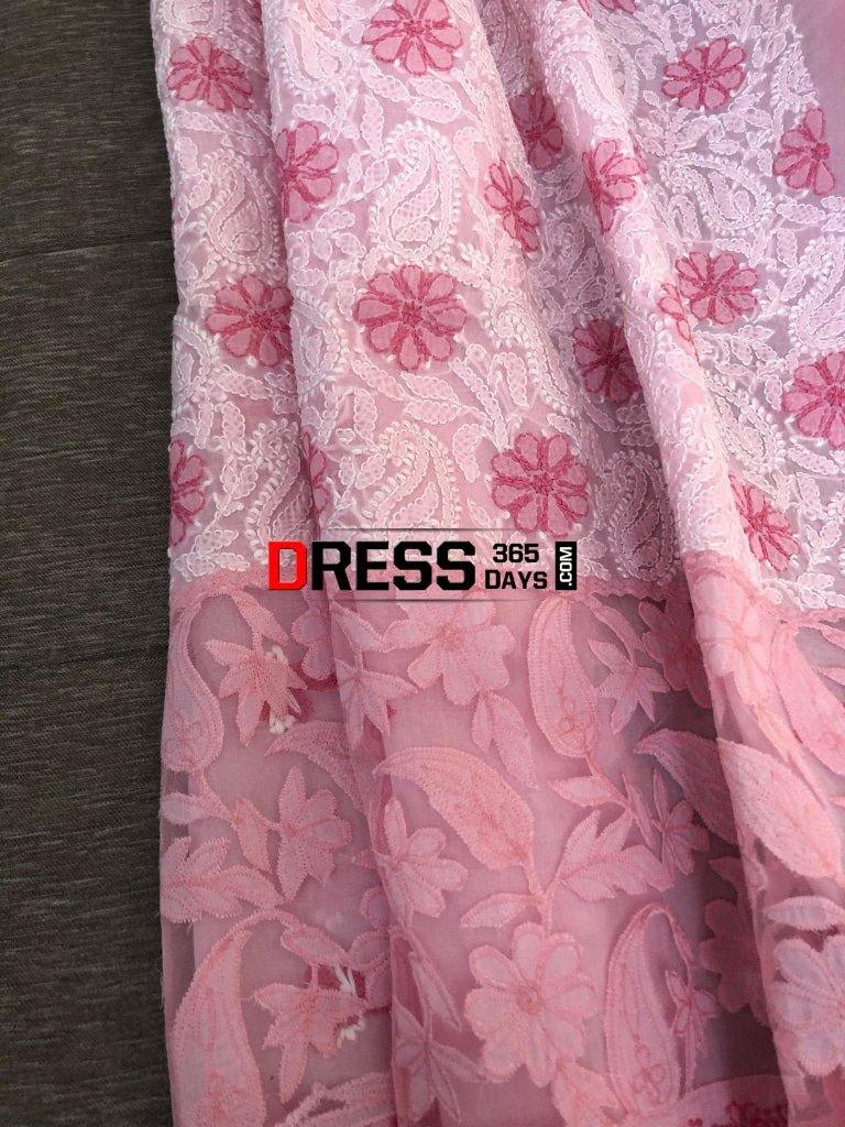 Pink Net Daaman Cotton Chikankari Kurti Fabric