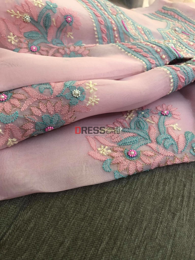 Pink Organza Pearls Chikankari Suit Suits