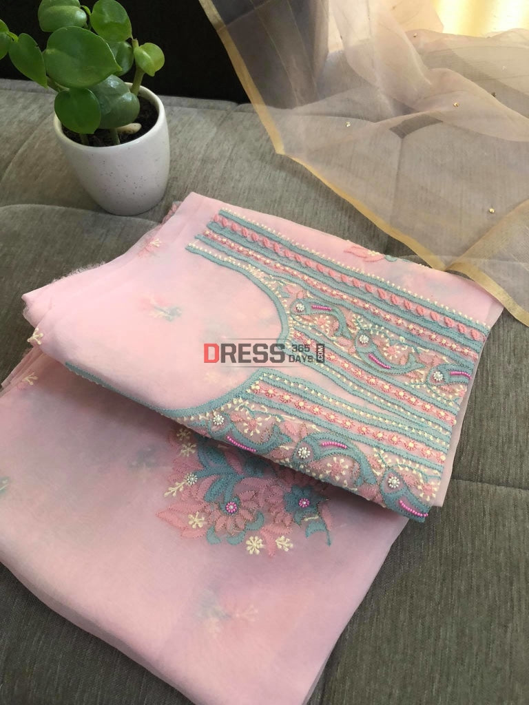 Pink Organza Pearls Chikankari Suit Suits