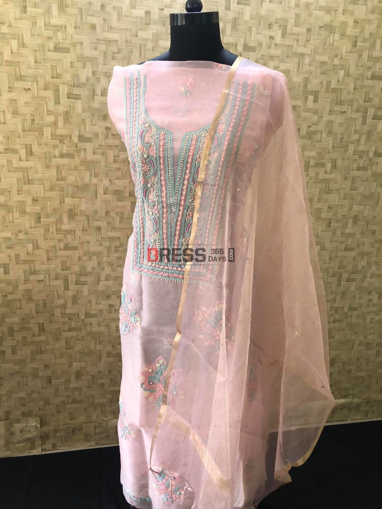 Pink Organza Pearls Chikankari Suit Suits