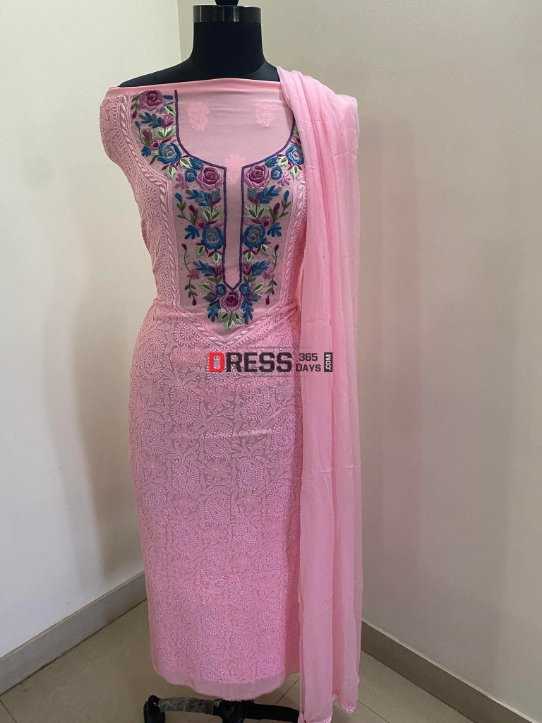 Pink Parsi Gara Neckline Chikankari Suit Suits