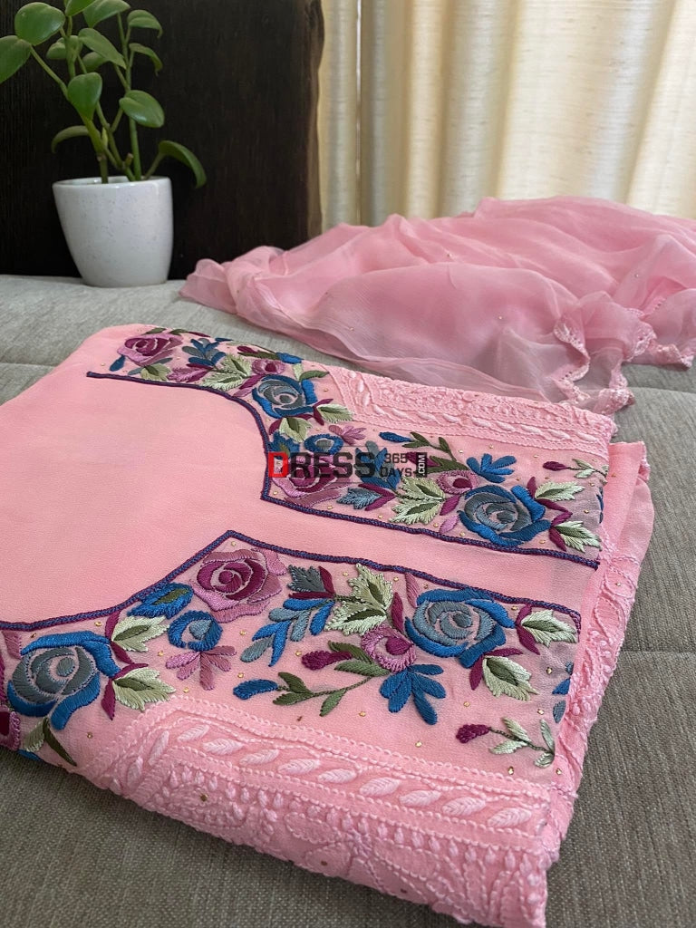 Pink Parsi Gara Neckline Chikankari Suit Suits