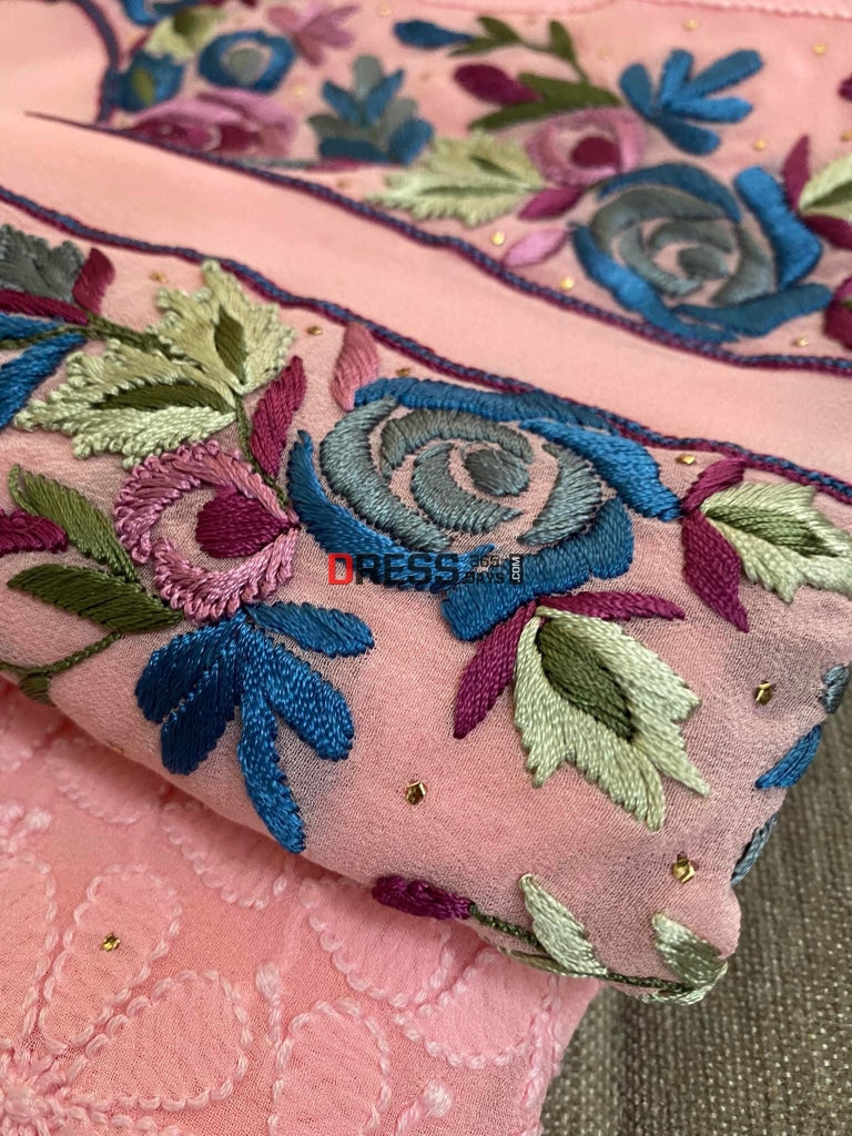 Pink Parsi Gara Neckline Chikankari Suit Suits