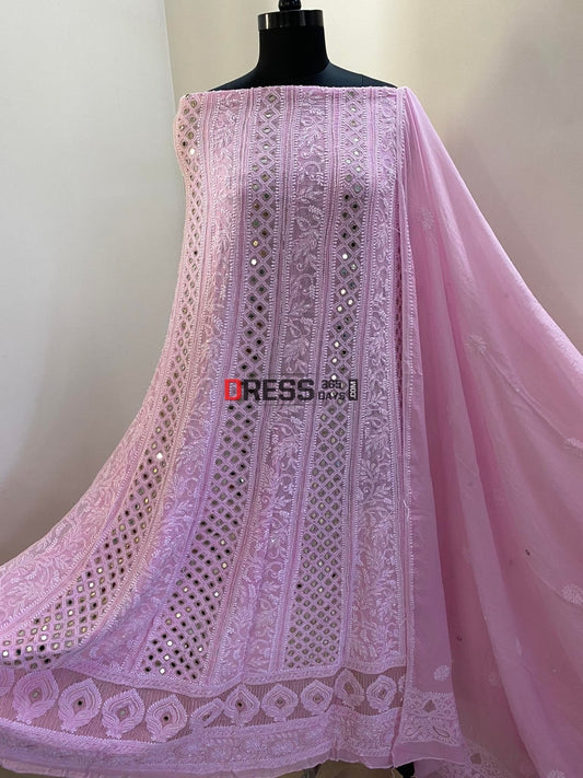 Pink Pearl & Mirror Lucknowi Anarkali Suit Chikankari