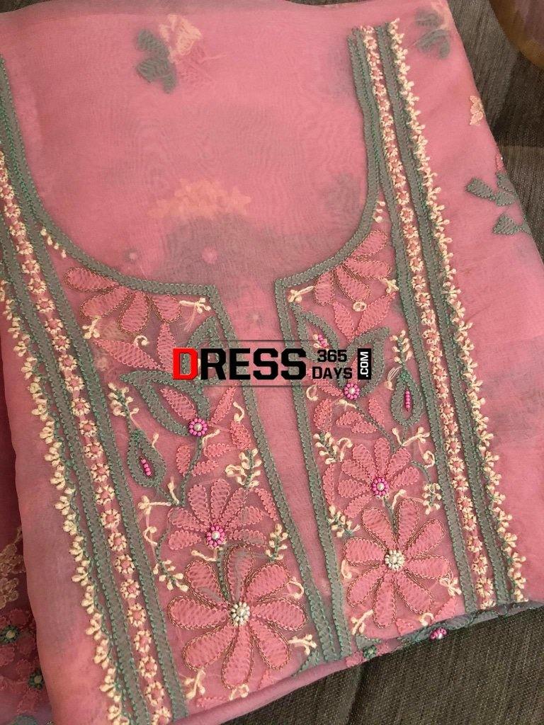 Pink Pure Organza Chikankari & Beads Suit Suits