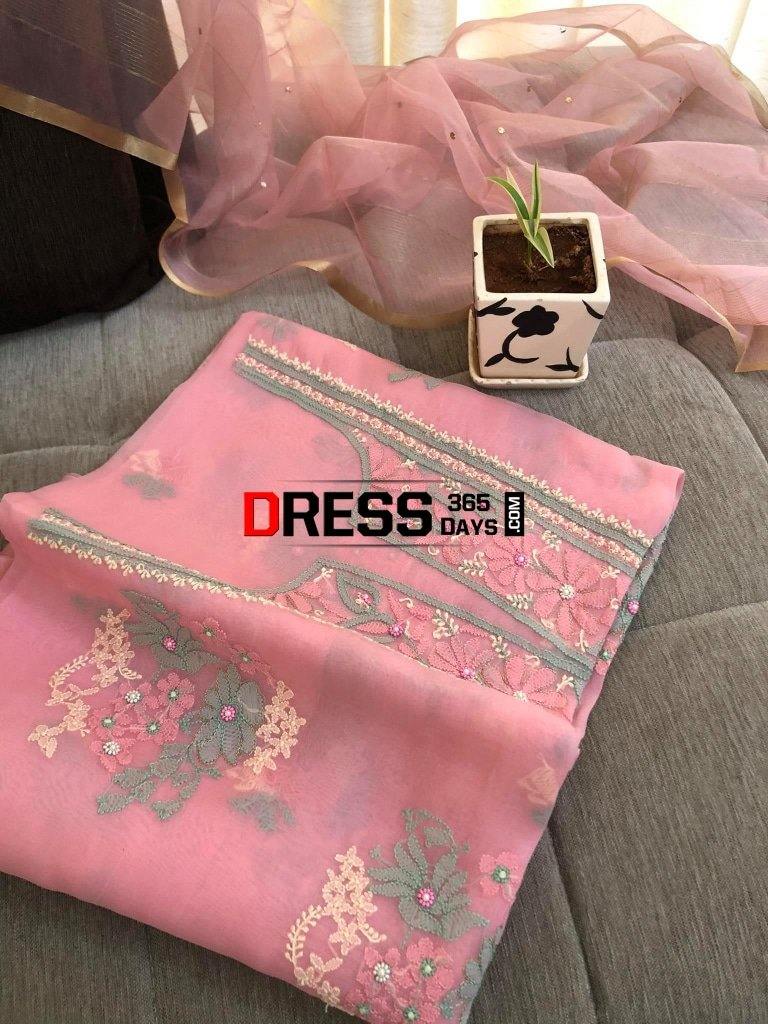 Pink Pure Organza Chikankari & Beads Suit Suits