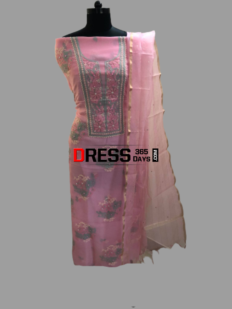 Pink Pure Organza Chikankari & Beads Suit Suits