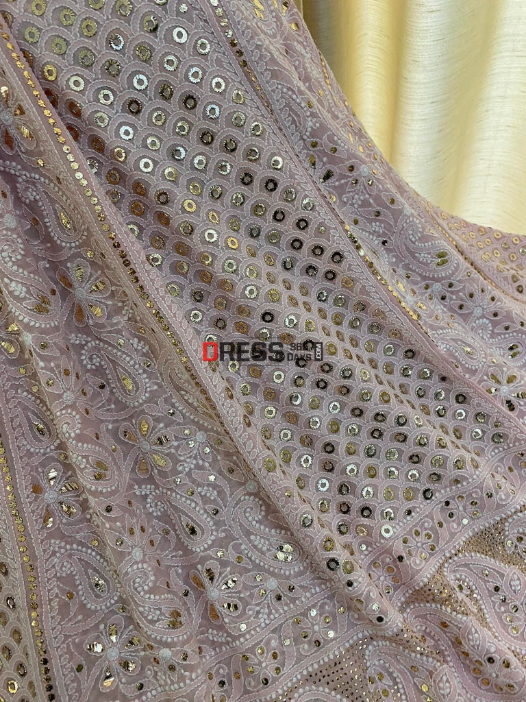 Pink Ring Mukaish Chikankari Lehenga (Only Skirt)